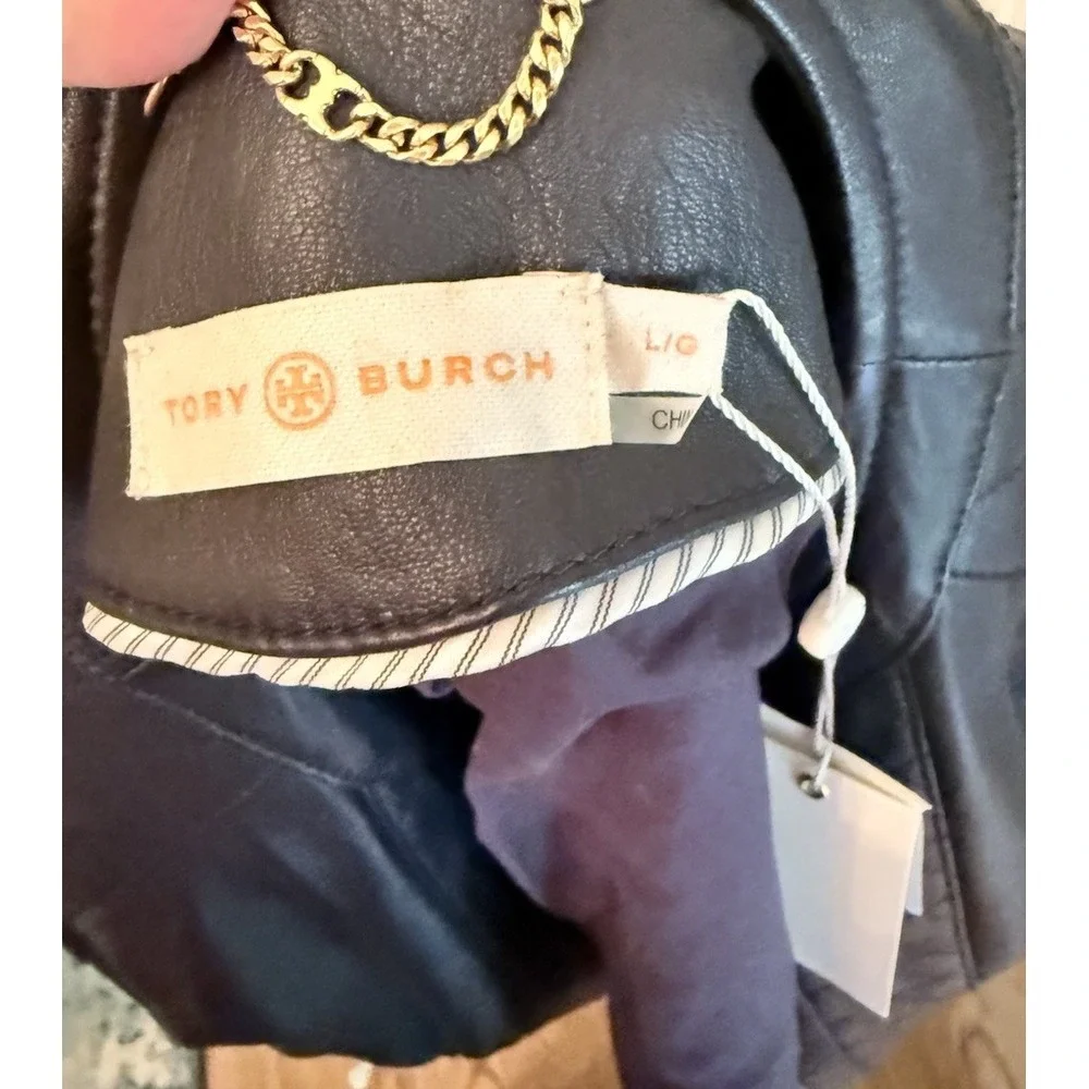 Tory‎ Burch Ryder Leather Jacket Soft Moto Gold Zip Sz-Lg Dark Navy NEW Rt 998$
